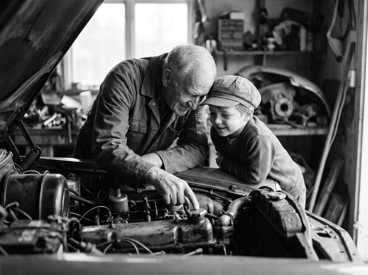 Transmission d'une voiture de collection entre deux générations, photo en noir et blanc